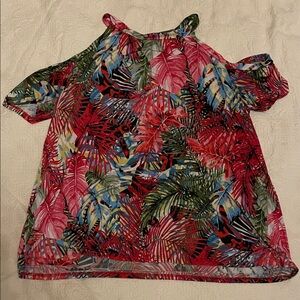 Tropical Cold-Shoulder Tunic Top - Pink Multi